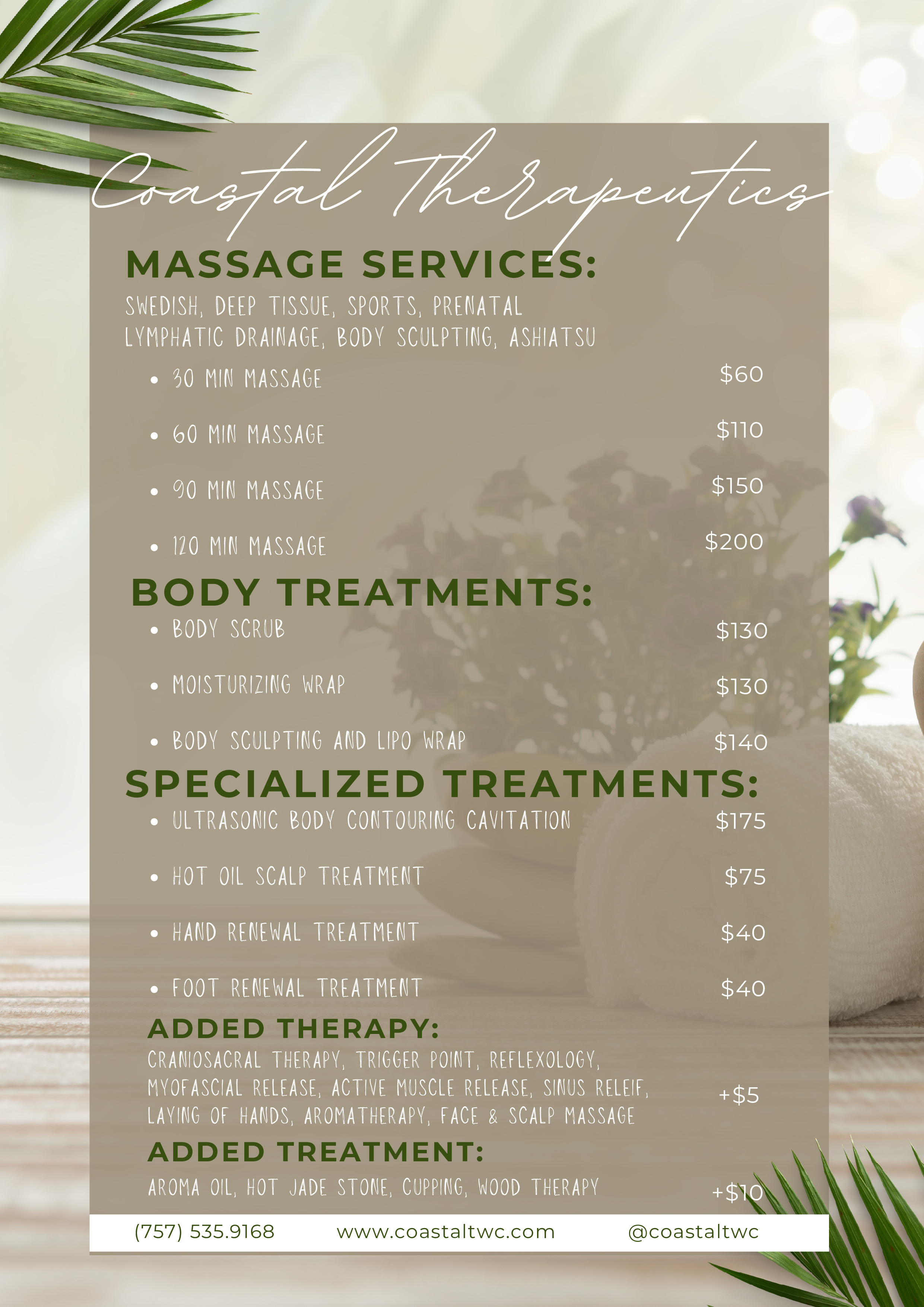 Coastal Therapeutics full pricing menu with massage and body treatment rates